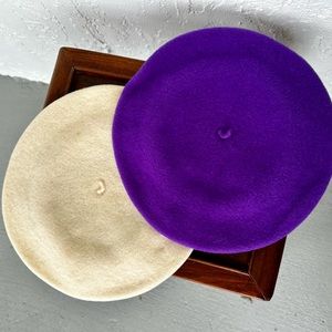 Vintage Authentic Wool Berets Made in France in Purple and Ecru